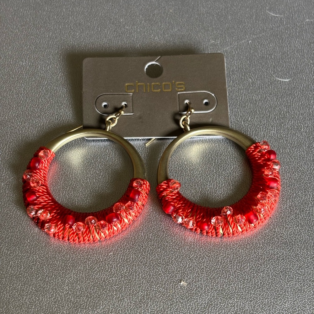 NWT Chico’s Malibu Red Fabric Wrapped Gold Hoop Earrings With Beaded Details